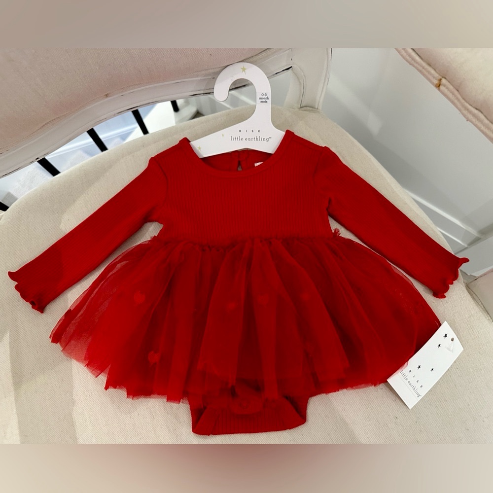 ❤️ 0~3 Mth Red Tulle Embroidered Heart Fancy Long Sleeve Dress NWT